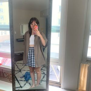 black and white skirt, white tank, brown button up